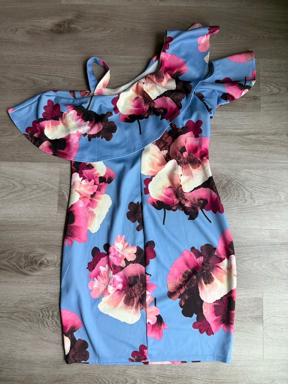 Soprano Blue One-Shoulder Floral Ruffle Dress with Pink Accents - Picture 9 of 13